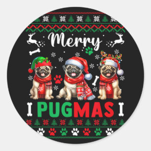 Pegatina Redonda Feliz Navidad Tres Santa Pugs Colorful Sweater