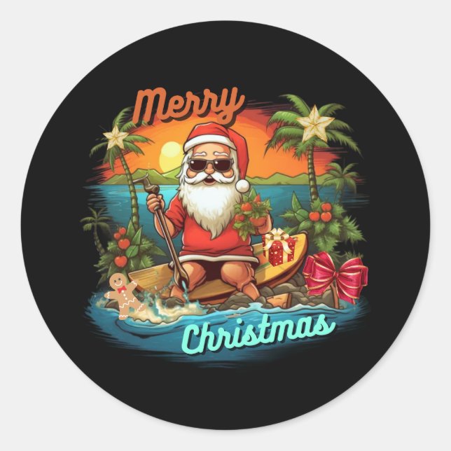 Pegatina Redonda Feliz Navidad, tropical, santa claus, vacaciones (Anverso)