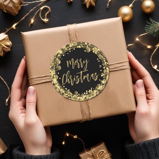 Pegatina Redonda Feliz Navidad Twinkling Gold Stars (Merry Christmas twinkling gold stars round stickers)