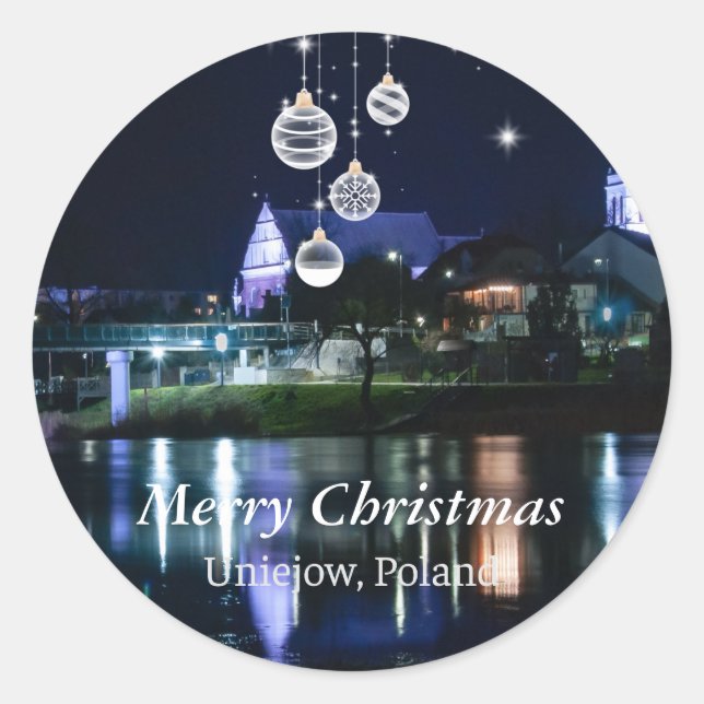 Pegatina Redonda Feliz Navidad - Unijow, Lodz, Polonia (Anverso)
