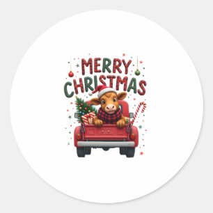 Pegatina Redonda Feliz Navidad Vaca Alta Escocesa Granjera Navidad