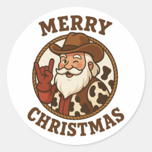 Pegatina Redonda Feliz Navidad Vaquero Santa Retro Occidental