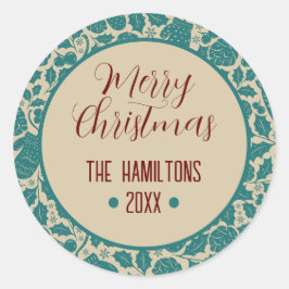 Pegatina Redonda Feliz Navidad Verde azulado Floral Personalizado n