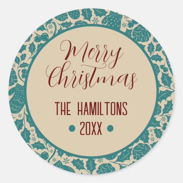 Pegatina Redonda Feliz Navidad Verde azulado Floral Personalizado n (Anverso)