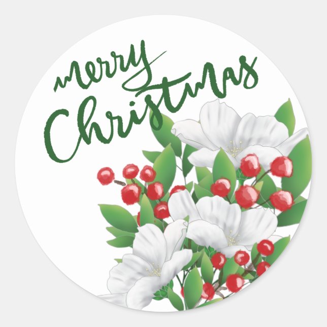 Pegatina Redonda Feliz Navidad Verde Blanco Rojo Verde Floral (Anverso)