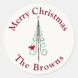 Pegatina Redonda Feliz Navidad - Verde Rojo árbol de Navidad modern