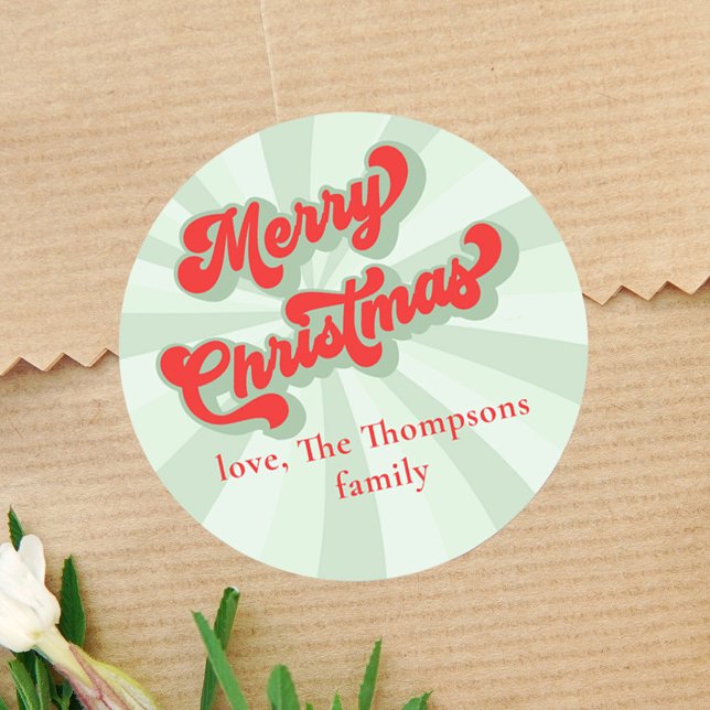 Pegatina Redonda Feliz Navidad Verde Rojo Tipografía caprichosa (Merry Christmas cute typography festive red and green sticker.)