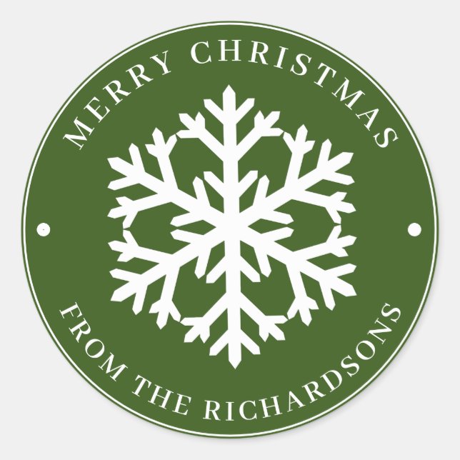 Pegatina Redonda Feliz Navidad Verde Ronda Blanco Copo de Nieve (Anverso)