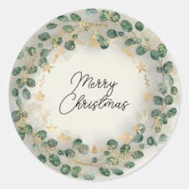 Pegatina Redonda Feliz Navidad Verde Wreath Woodland Wood Gray