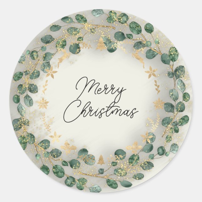Pegatina Redonda Feliz Navidad Verde Wreath Woodland Wood Gray (Anverso)