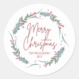 Pegatina Redonda Feliz Navidad vintage acuarela