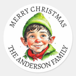 Pegatina Redonda Feliz Navidad | Vintage Little Boy Elf