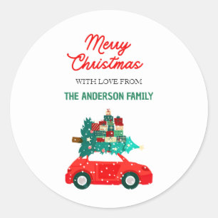 Pegatina Redonda Feliz Navidad Vintage Red Car Personalizado