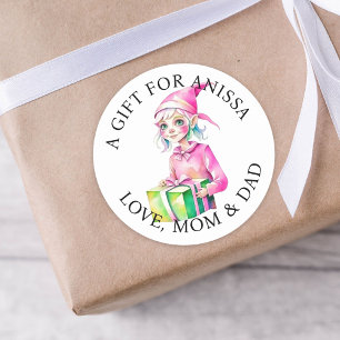 Pegatina Redonda Feliz Navidad   Vintage Watercolor Elf