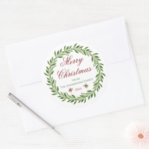 Pegatina Redonda Feliz Navidad Winter Wreath Family