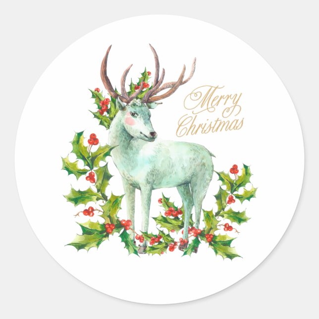 Pegatina Redonda Feliz Navidad Woodland Deer y Holly Berry (Anverso)
