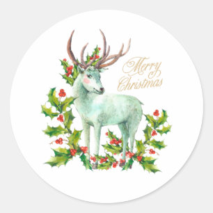 Pegatina Redonda Feliz Navidad Woodland Deer y Holly Berry