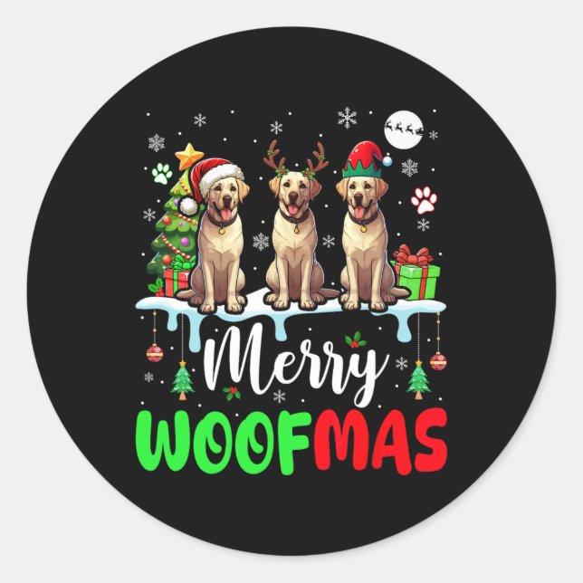 Pegatina Redonda Feliz Navidad Woof Three Santa Elf Labrador Retr (Anverso)
