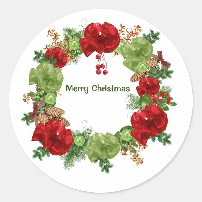 Pegatina Redonda Feliz Navidad Wreath (Anverso)