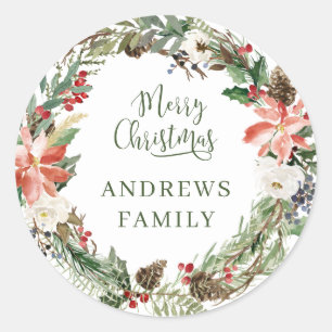 Pegatina Redonda ¡Feliz Navidad! Wreath Classic