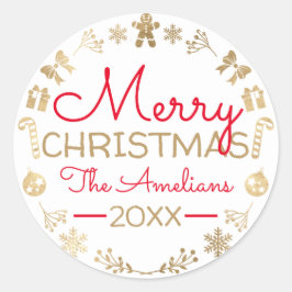 Pegatina Redonda Feliz Navidad Wreath Gold Red Name Cottage White