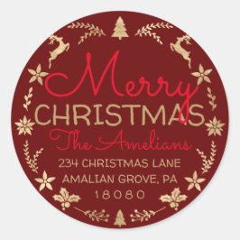 Pegatina Redonda Feliz Navidad Wreath Gold Rustic RSVP Burgundy