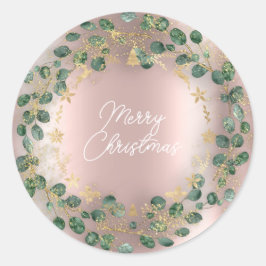 Pegatina Redonda Feliz Navidad Wreath Green Woodland Wood Rosa