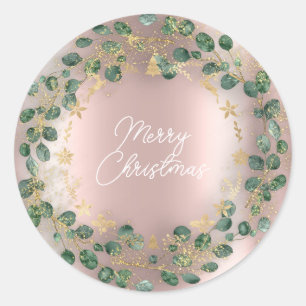 Pegatina Redonda Feliz Navidad Wreath Green Woodland Wood Rosa