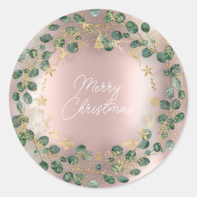 Pegatina Redonda Feliz Navidad Wreath Green Woodland Wood Rosa (Anverso)