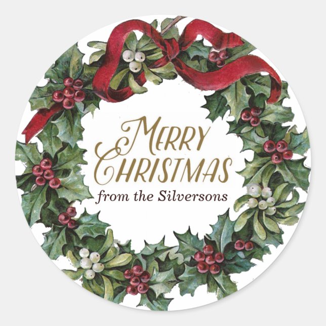 Pegatina Redonda Feliz Navidad Wreath Holly Mistletoe Personalizado (Anverso)