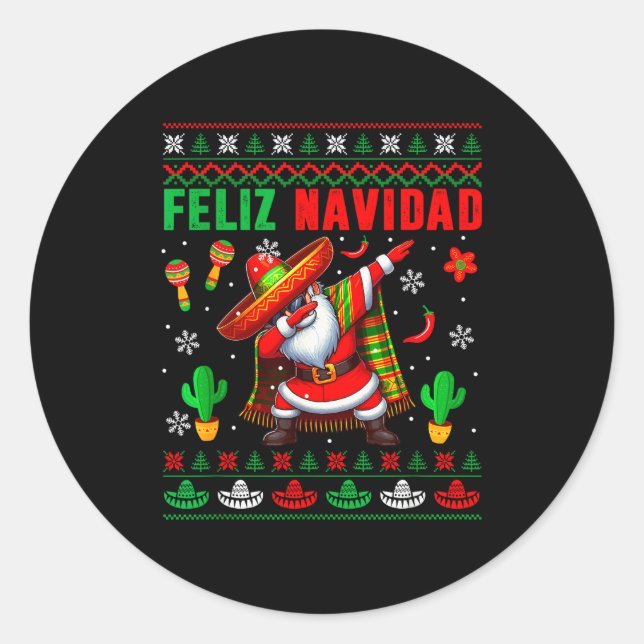 Pegatina Redonda Feliz Navidad Xmas Sweater Santa Sombrero Dabbing  (Anverso)