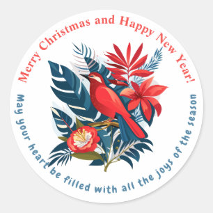 Pegatina Redonda ¡Feliz Navidad y Feliz Año Nuevo! 20XX Pájaro Rojo