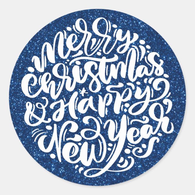 Pegatina Redonda Feliz Navidad y Feliz Año Nuevo Purpurina Azul (Anverso)