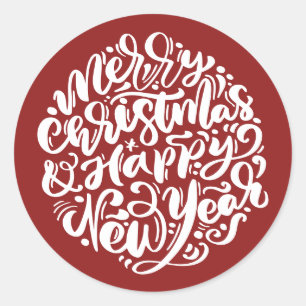 Pegatina Redonda Feliz Navidad y Feliz Año Nuevo Rojo