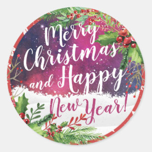 Pegatina Redonda Feliz Navidad y Feliz Año Nuevo Saludos