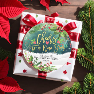 Pegatina Redonda Feliz Navidad y Feliz Año Nuevo Saludos