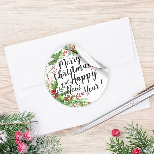 Pegatina Redonda Feliz Navidad y Feliz Año Nuevo Saludos (Subido por el creador)