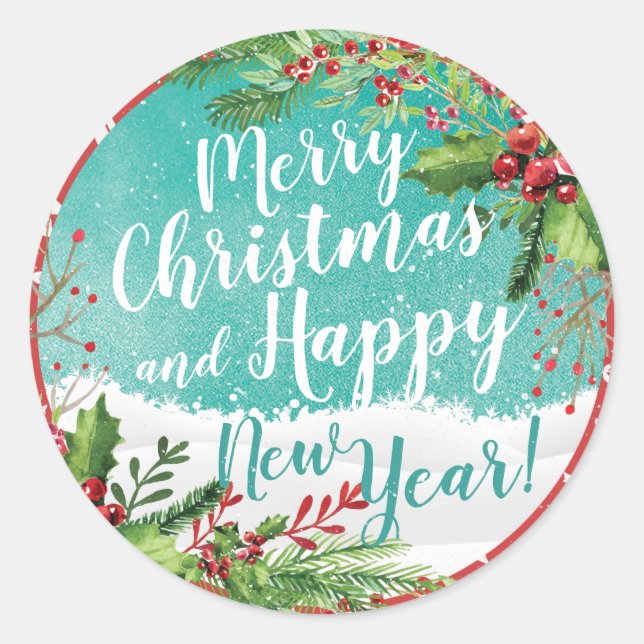 Pegatina Redonda Feliz Navidad y Feliz Año Nuevo Saludos (Anverso)
