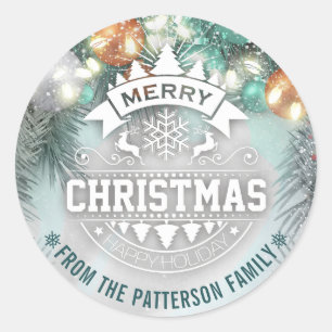 Pegatina Redonda Feliz Navidad y Feliz Año Nuevo Saludos