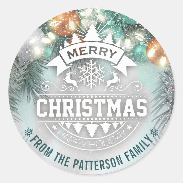 Pegatina Redonda Feliz Navidad y Feliz Año Nuevo Saludos (Anverso)