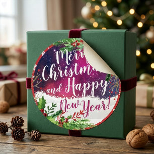 Pegatina Redonda Feliz Navidad y Feliz Año Nuevo Saludos Navideños