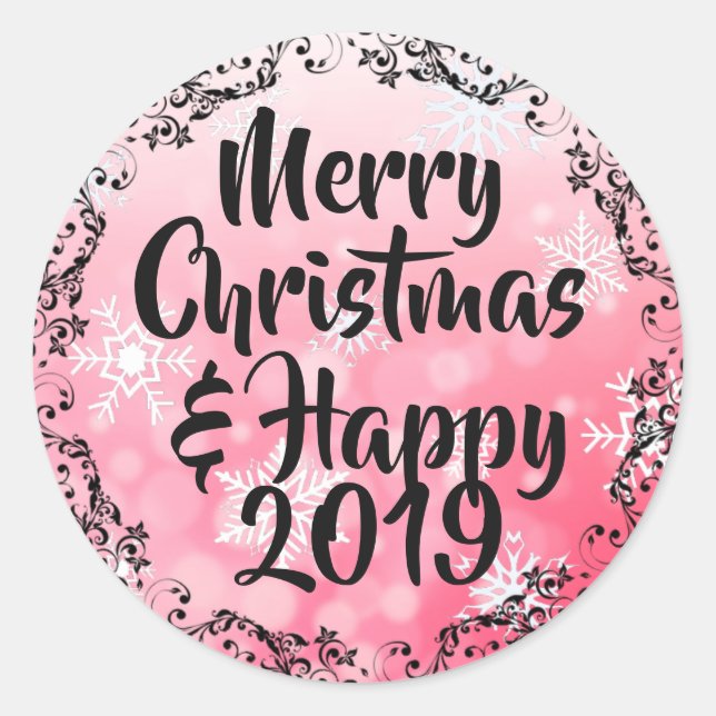 Pegatina Redonda Feliz Navidad y feliz tarjeta navideña 2019 (Anverso)