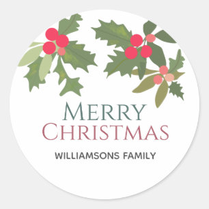 Pegatina Redonda Feliz Navidad y feriado de berry