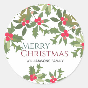 Pegatina Redonda Feliz Navidad y feriado de berry