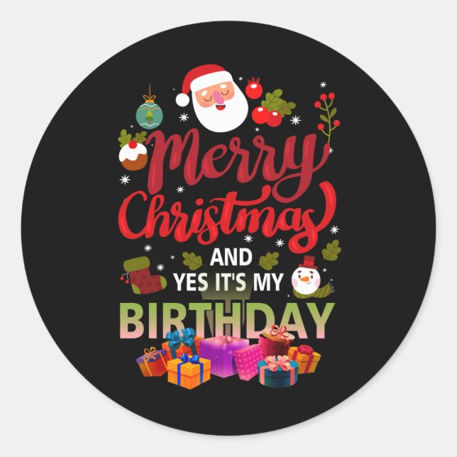 Pegatina Redonda Feliz Navidad Y Sí, Es Mi Cel De Fiesta De Cumplea (Anverso)