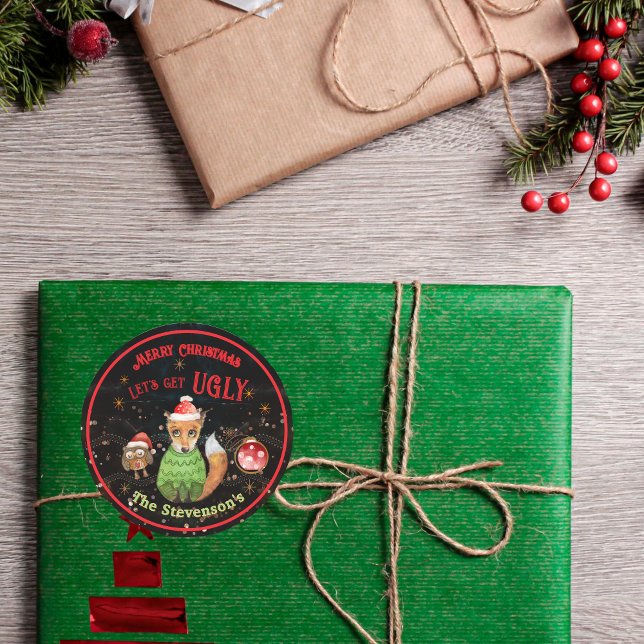 Pegatina Redonda Feliz Navidad y sudadera zorro (Merry Christmas & Ugly Sweater Fox Classic Round Sticker)