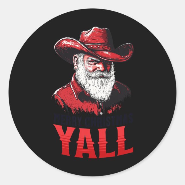 Pegatina Redonda Feliz Navidad Yall Cowboy Santa Texas Western Ho (Anverso)