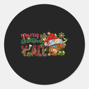 Pegatina Redonda Feliz Navidad Y'all Cute Highland Cow Navidades