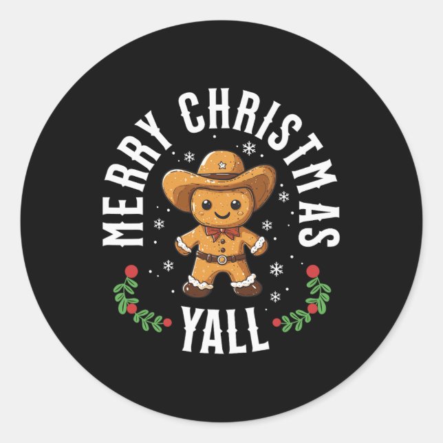 Pegatina Redonda Feliz Navidad Yall Gingerbread Cowboy Howdy West (Anverso)