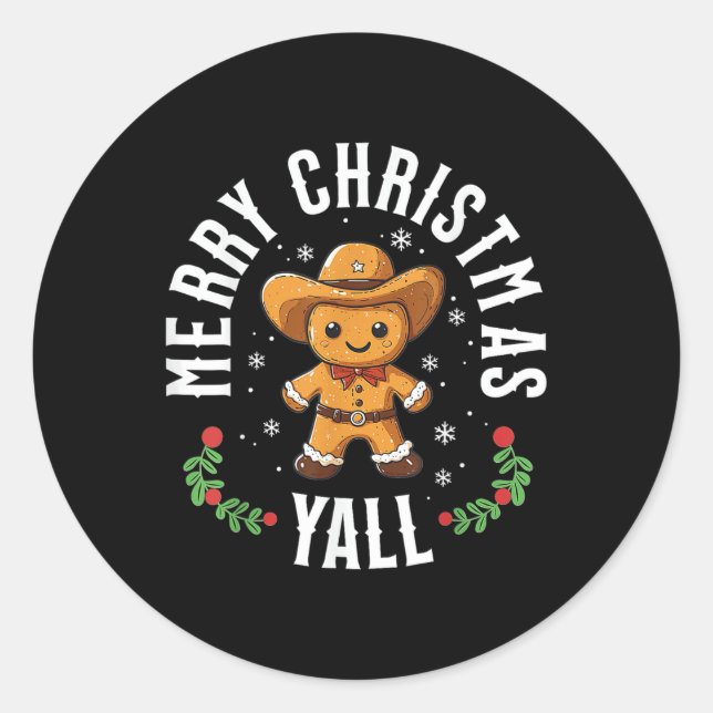 Pegatina Redonda Feliz Navidad Yall Gingerbread Cowboy Occidental (Anverso)